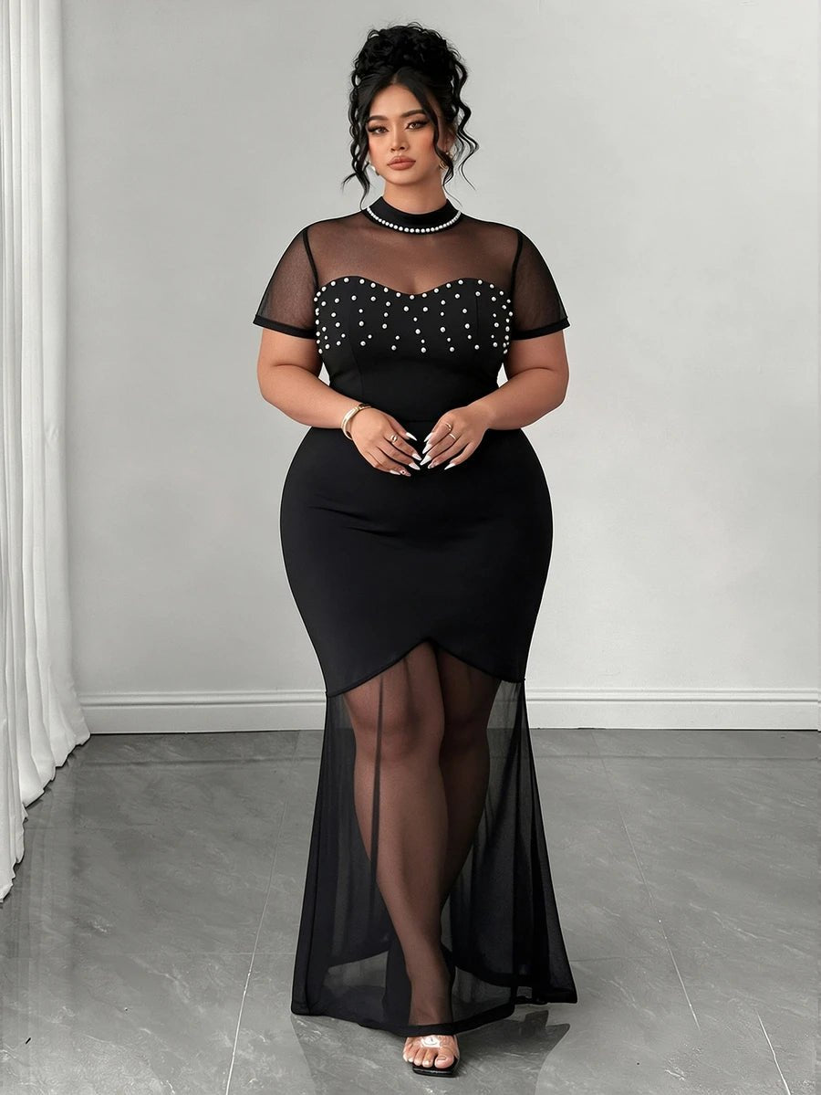 Plus Size Stand Collar Lace Mermaid Maxi Dress – image 60