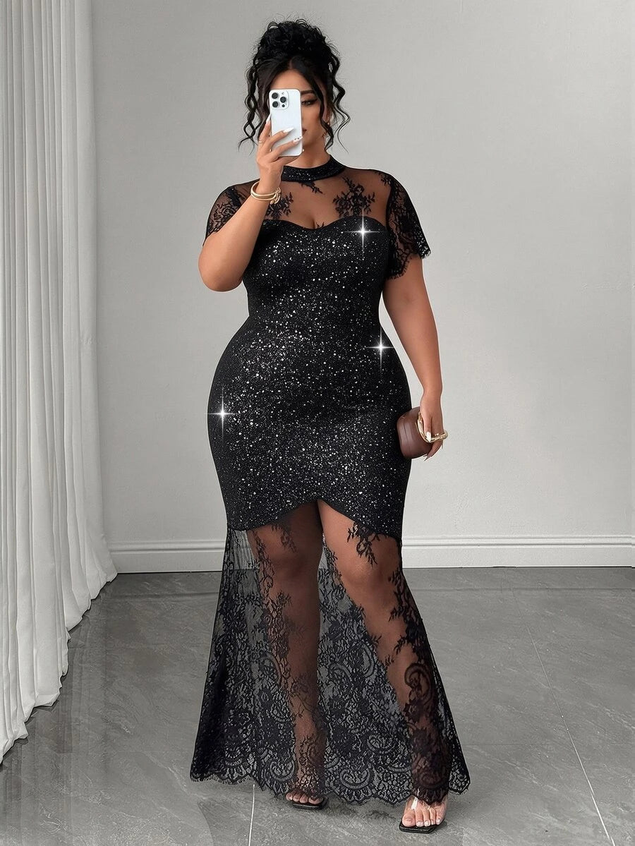 Plus Size Stand Collar Lace Mermaid Maxi Dress – image 6