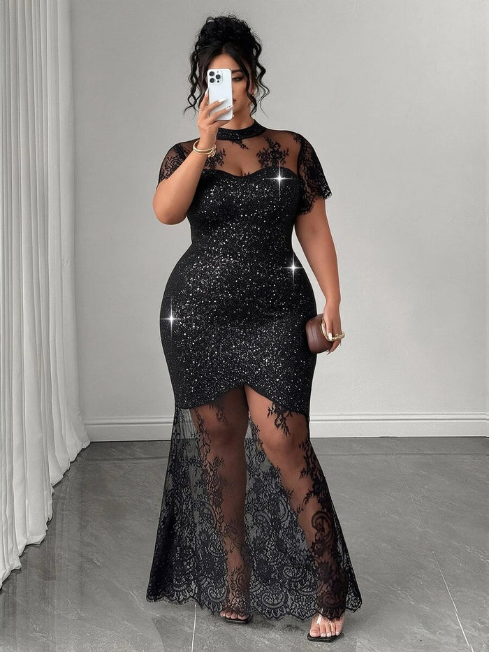 Plus Size Stand Collar Lace Mermaid Maxi Dress – detail 4