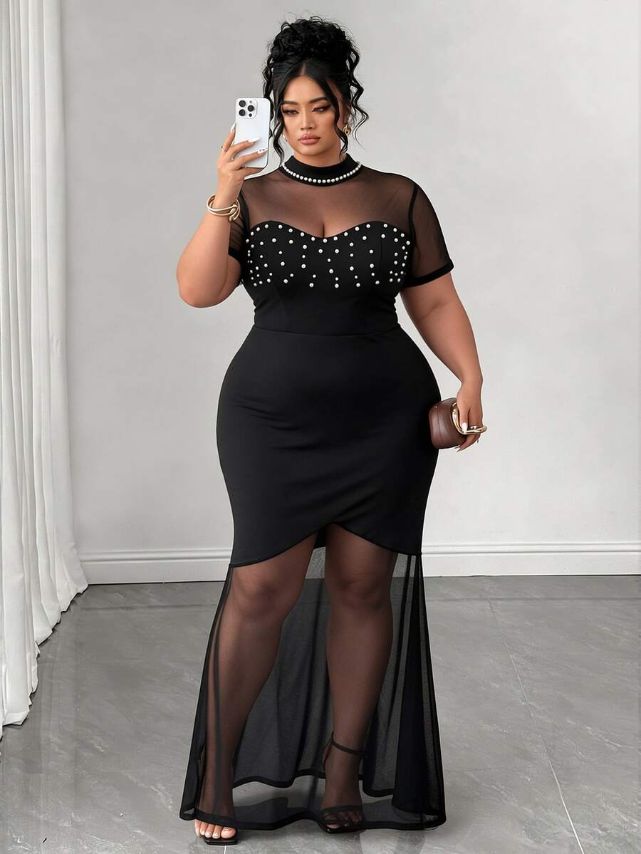 Plus Size Stand Collar Lace Mermaid Maxi Dress – image 57