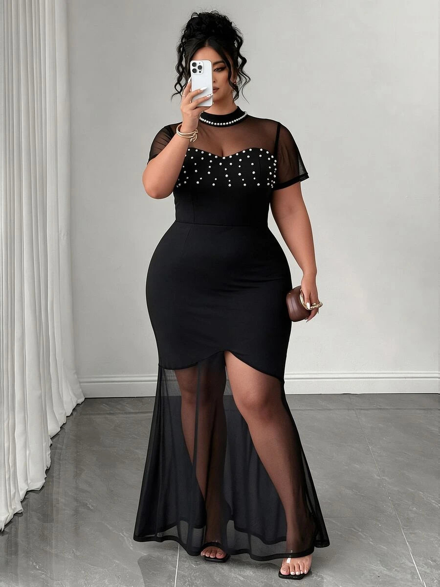 Plus Size Stand Collar Lace Mermaid Maxi Dress – image 56