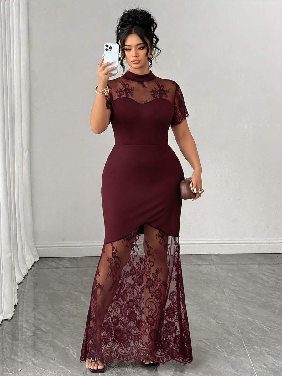 Plus Size Stand Collar Lace Mermaid Maxi Dress – image 22