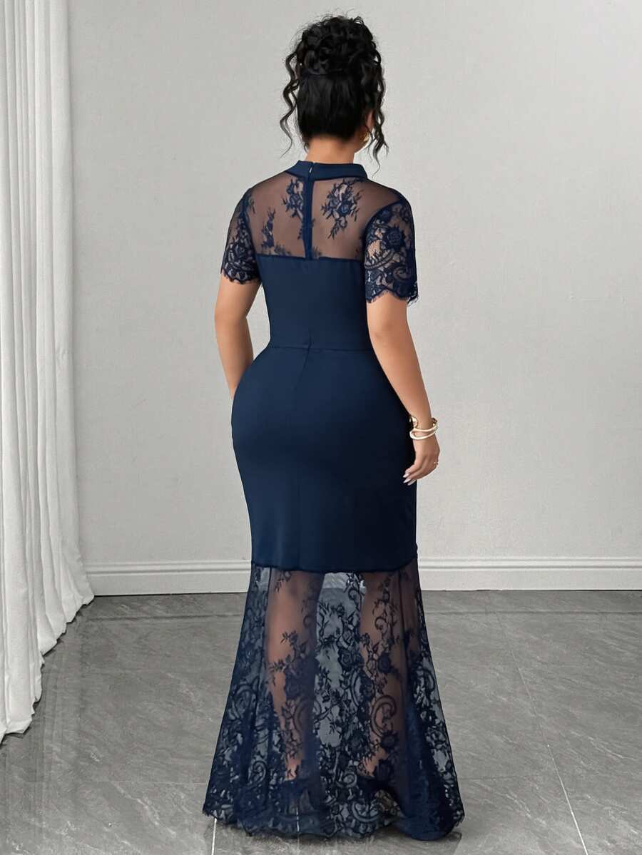Plus Size Stand Collar Lace Mermaid Maxi Dress – image 12
