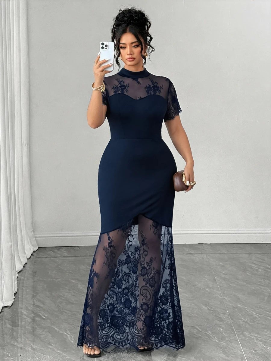 Plus Size Stand Collar Lace Mermaid Maxi Dress – image 18
