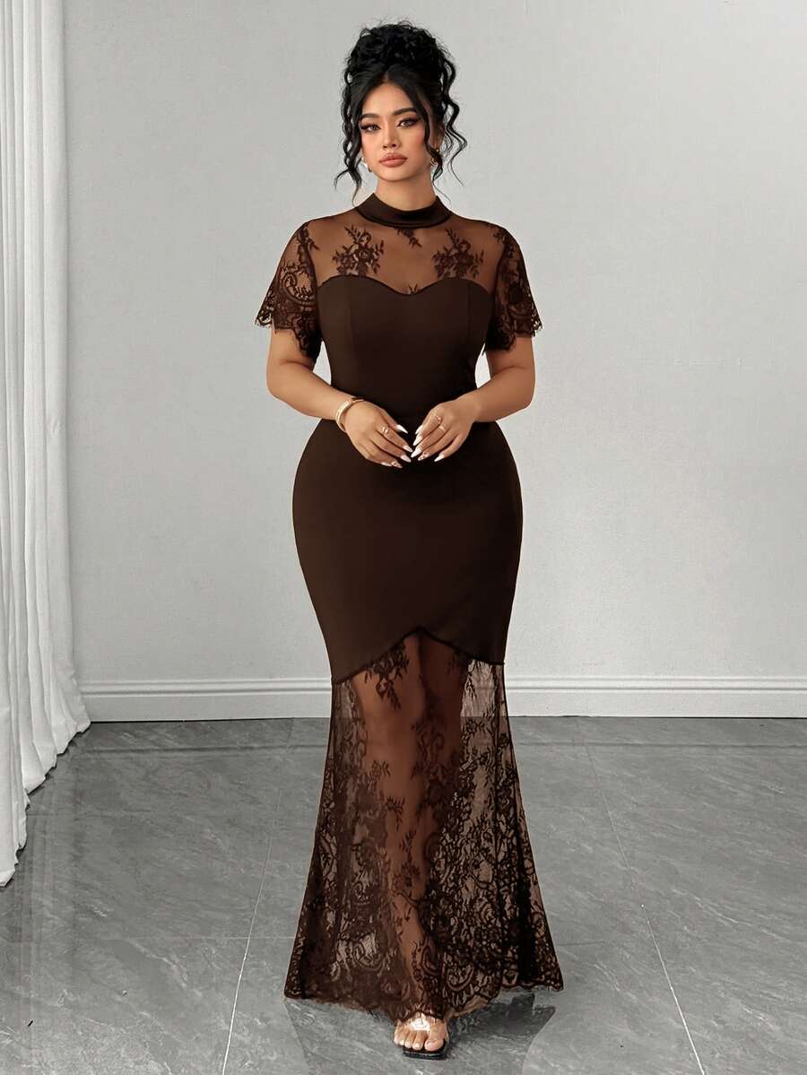 Plus Size Stand Collar Lace Mermaid Maxi Dress – image 32