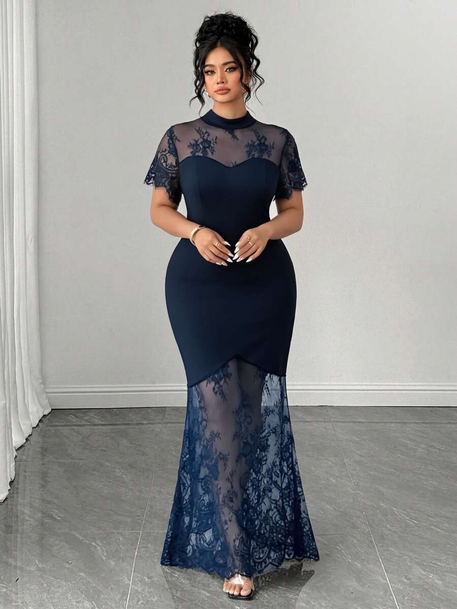 Plus Size Stand Collar Lace Mermaid Maxi Dress – image 13