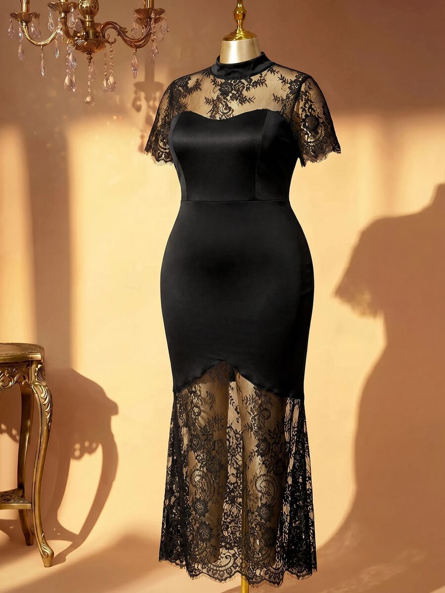Plus Size Stand Collar Lace Mermaid Maxi Dress – image 46