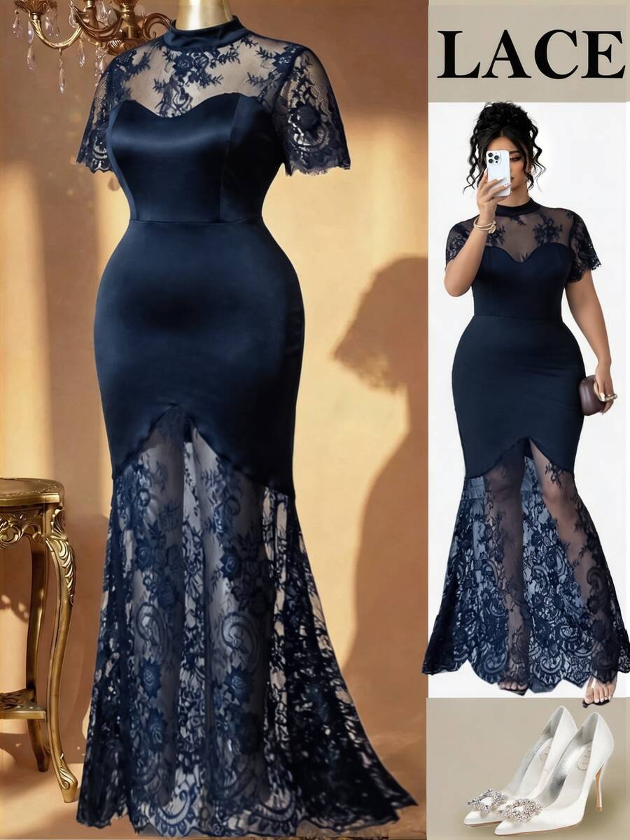 Plus Size Stand Collar Lace Mermaid Maxi Dress – image 15