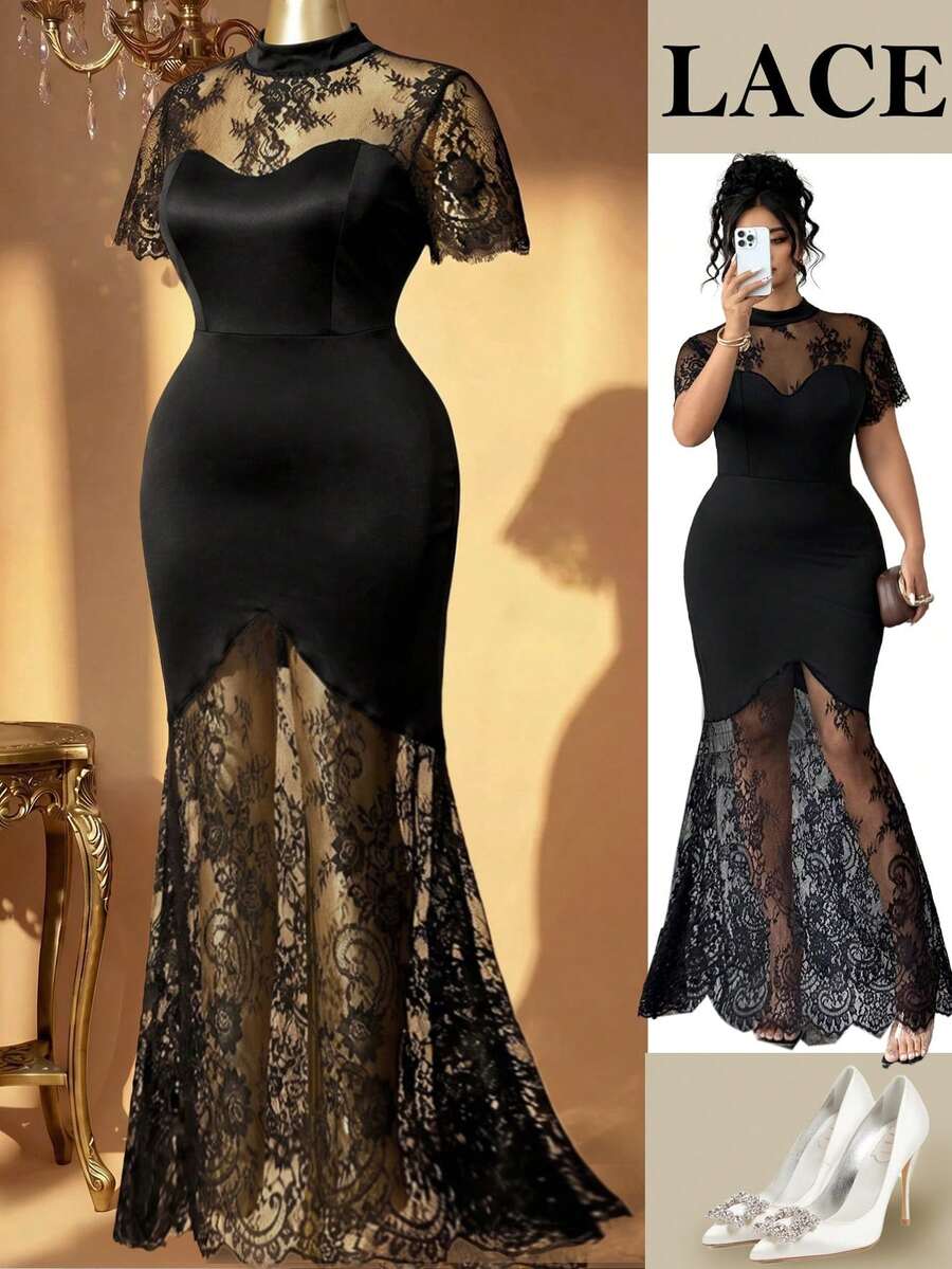 Plus Size Stand Collar Lace Mermaid Maxi Dress – image 39