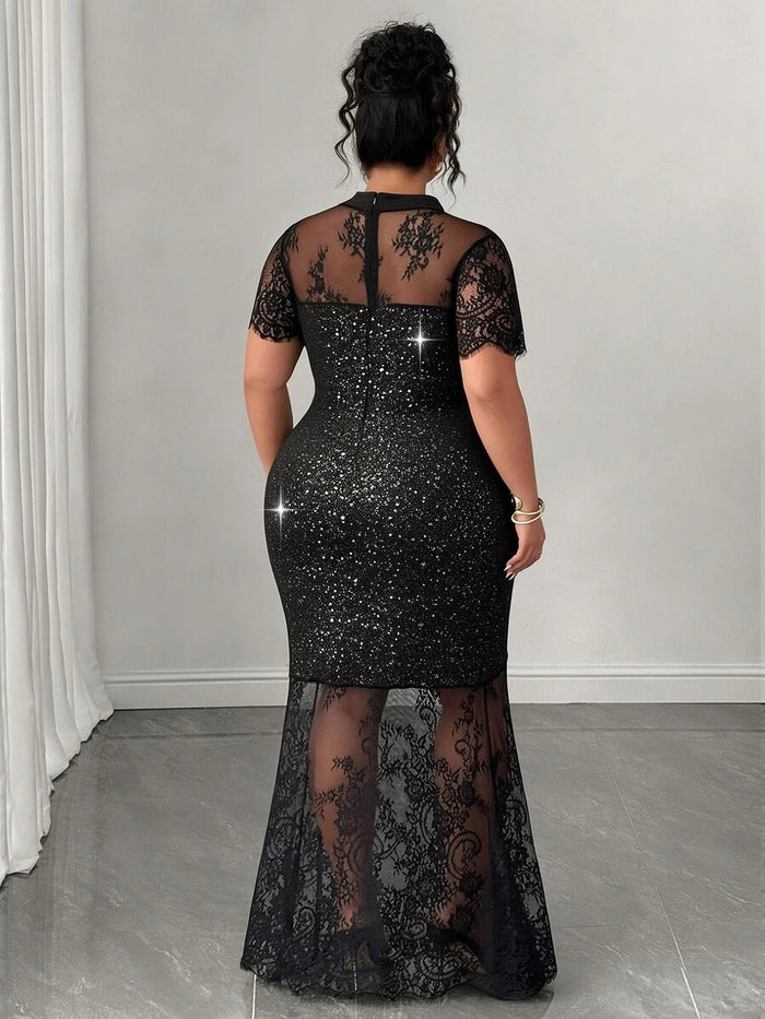 Plus Size Stand Collar Lace Mermaid Maxi Dress – detail 3
