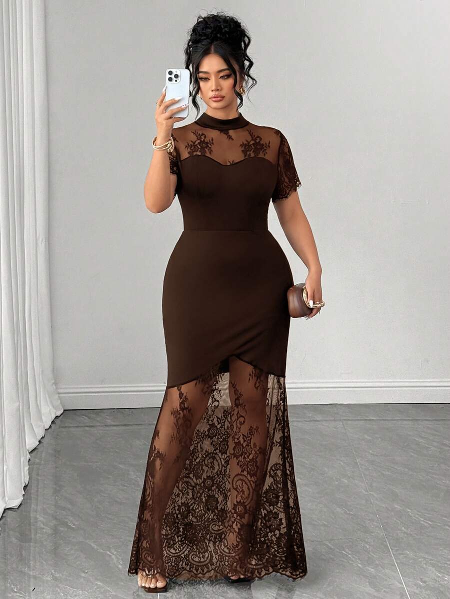 Plus Size Stand Collar Lace Mermaid Maxi Dress – image 34