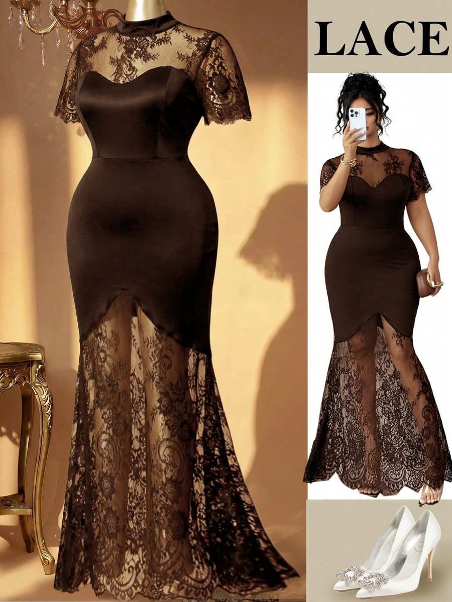 Plus Size Stand Collar Lace Mermaid Maxi Dress – image 31