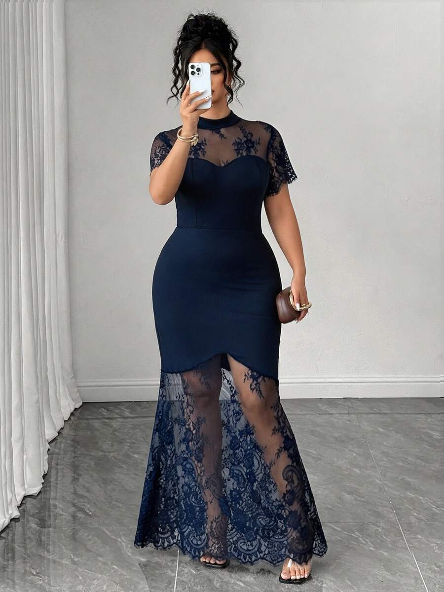 Plus Size Stand Collar Lace Mermaid Maxi Dress – image 16