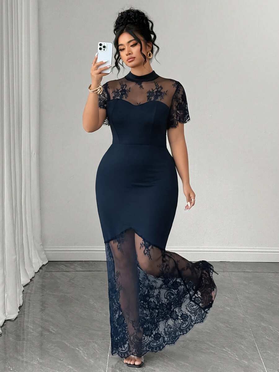 Plus Size Stand Collar Lace Mermaid Maxi Dress – image 17