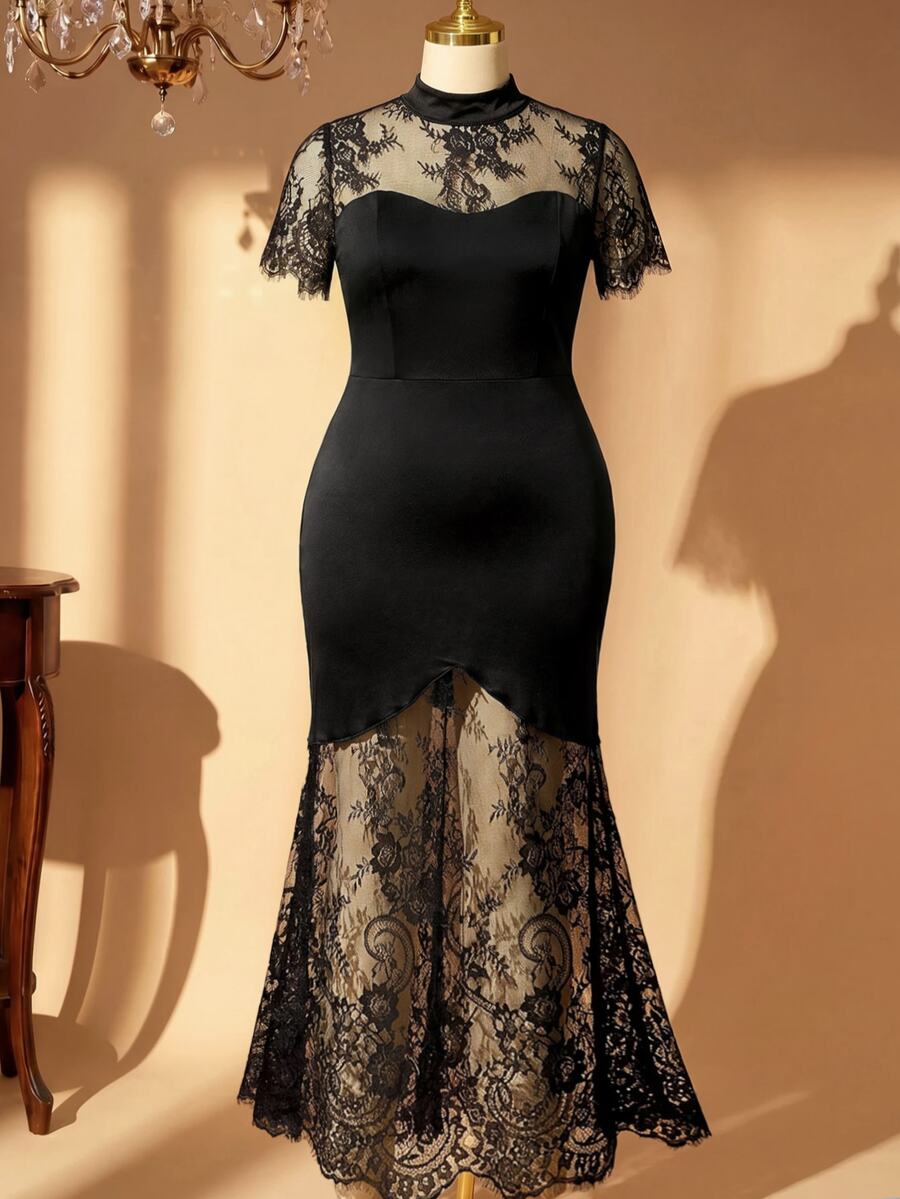 Plus Size Stand Collar Lace Mermaid Maxi Dress – image 36