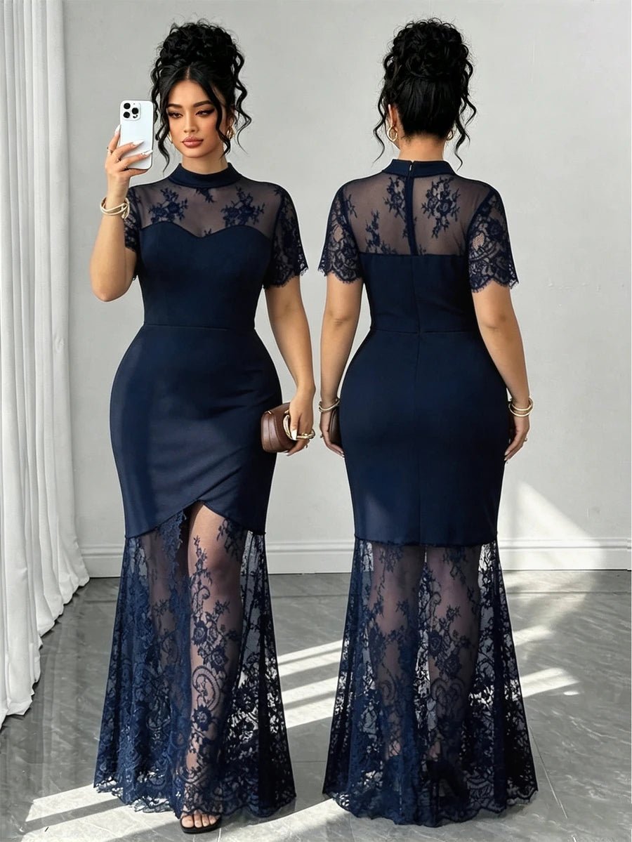 Plus Size Stand Collar Lace Mermaid Maxi Dress – image 11