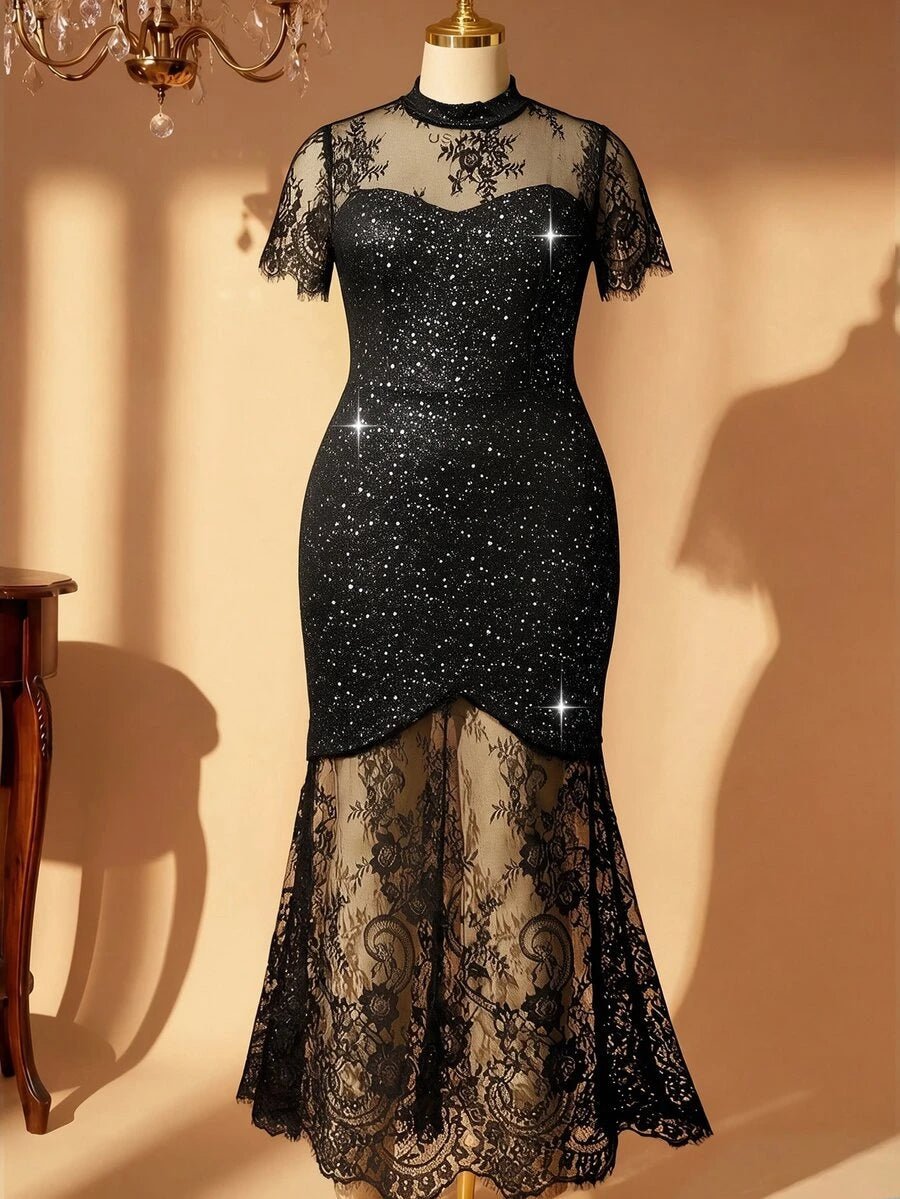Plus Size Stand Collar Lace Mermaid Maxi Dress – image 2