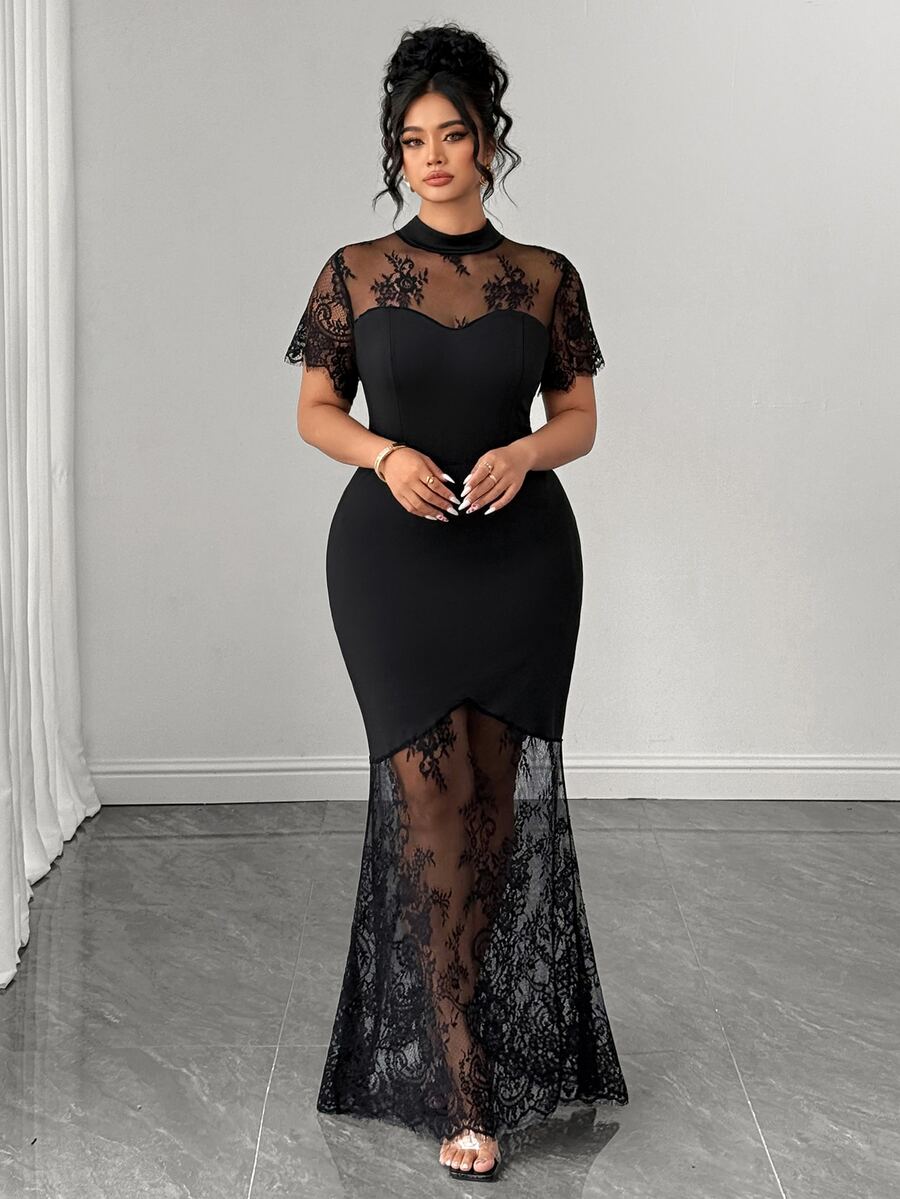 Plus Size Stand Collar Lace Mermaid Maxi Dress – image 42