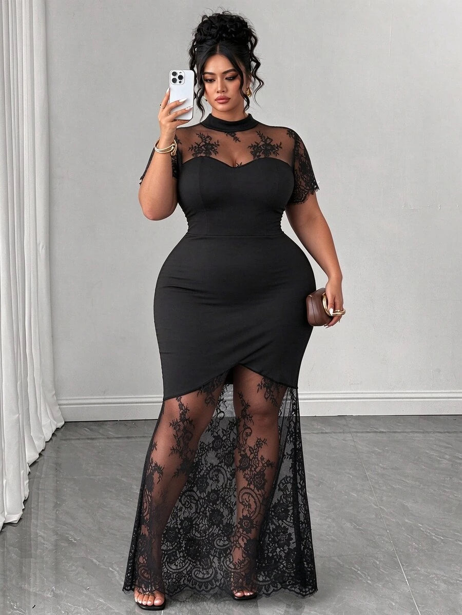 Plus Size Stand Collar Lace Mermaid Maxi Dress – image 35