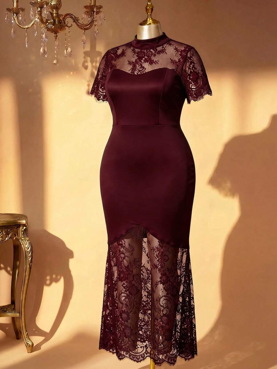 Plus Size Stand Collar Lace Mermaid Maxi Dress – image 21