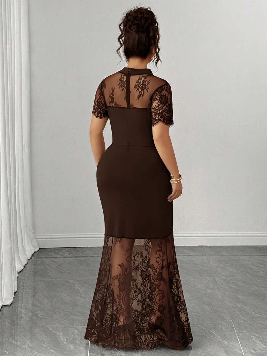 Plus Size Stand Collar Lace Mermaid Maxi Dress – image 28