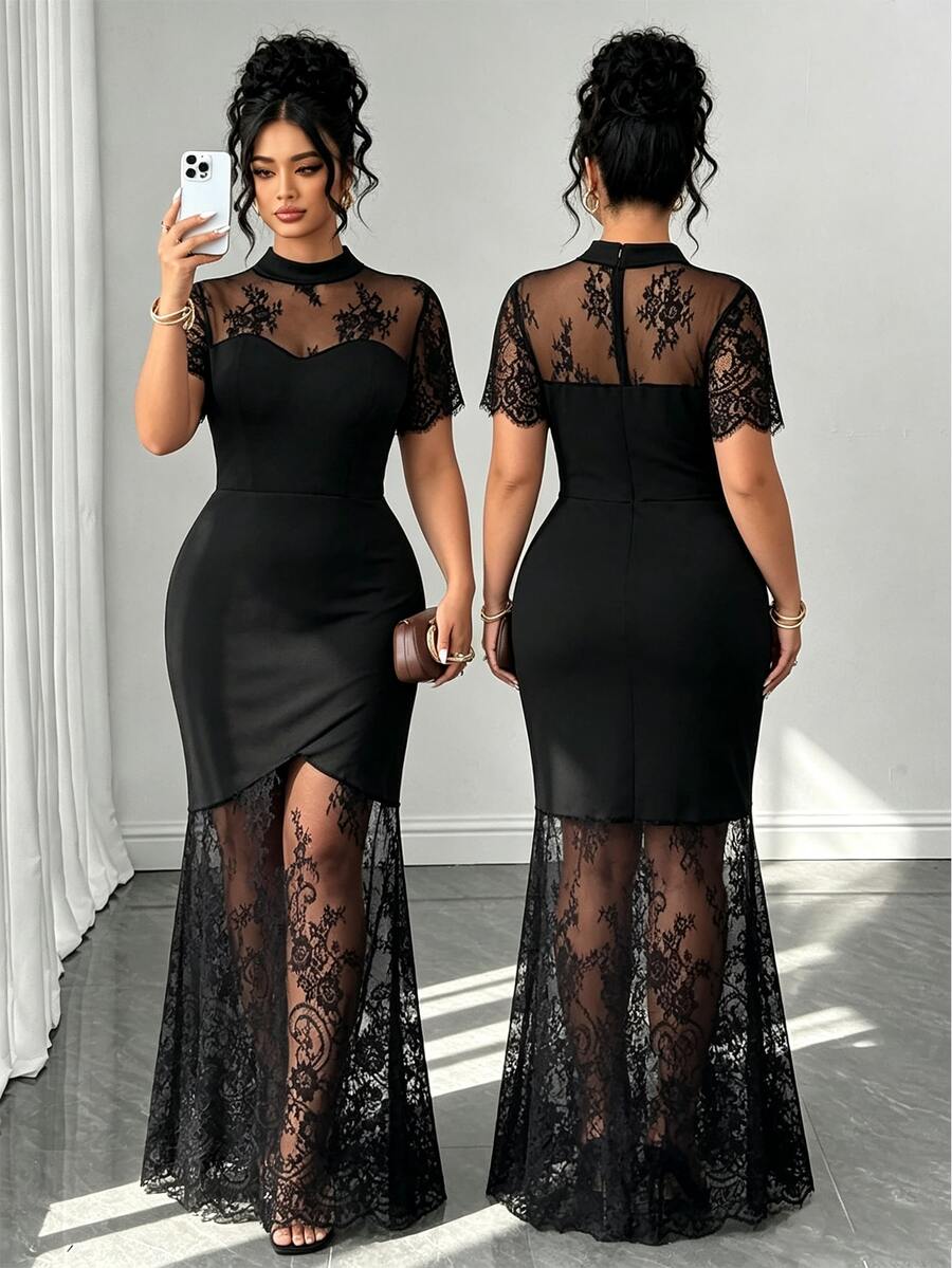 Plus Size Stand Collar Lace Mermaid Maxi Dress – image 38