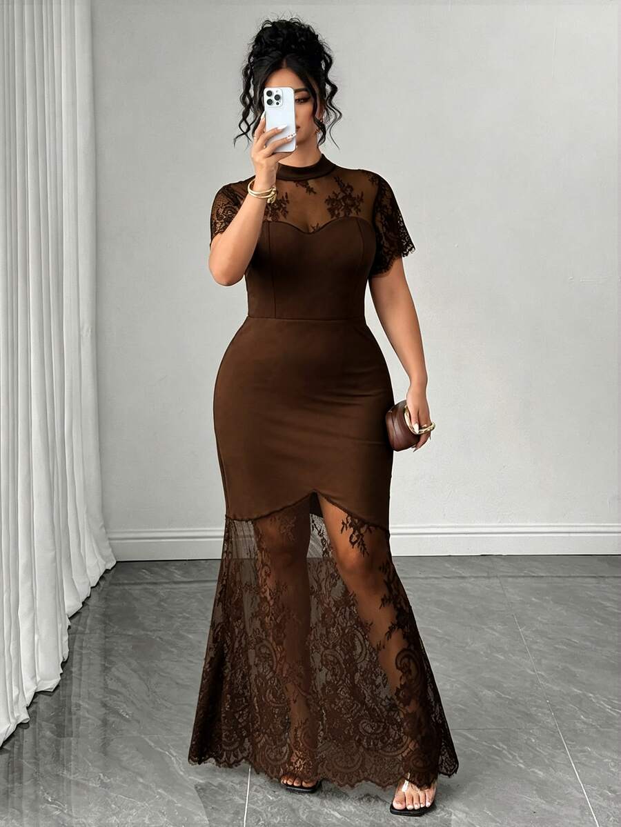 Plus Size Stand Collar Lace Mermaid Maxi Dress – image 30