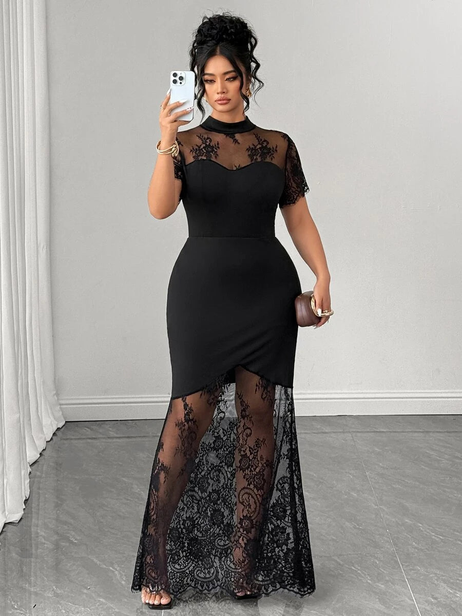 Plus Size Stand Collar Lace Mermaid Maxi Dress – image 44