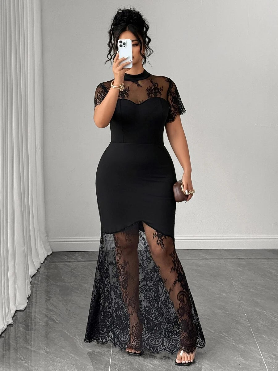Plus Size Stand Collar Lace Mermaid Maxi Dress – image 43