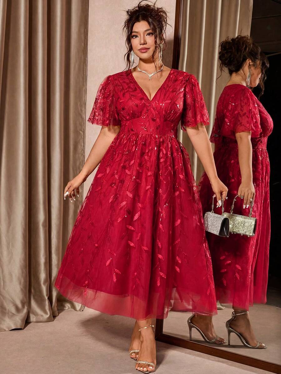 Plus Size V-Neck Mesh Midi Dress with Ruffle Hem – image 38