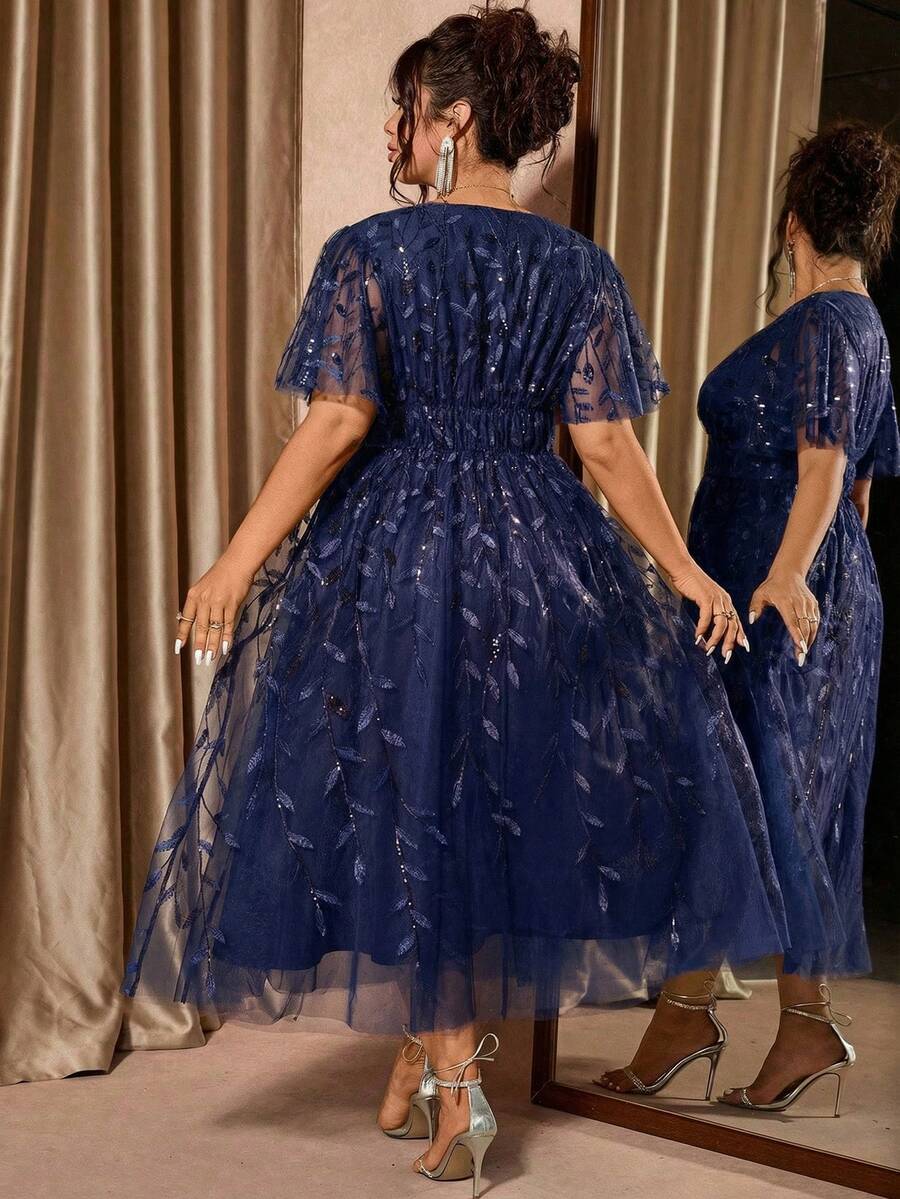 Plus Size V-Neck Mesh Midi Dress with Ruffle Hem styled