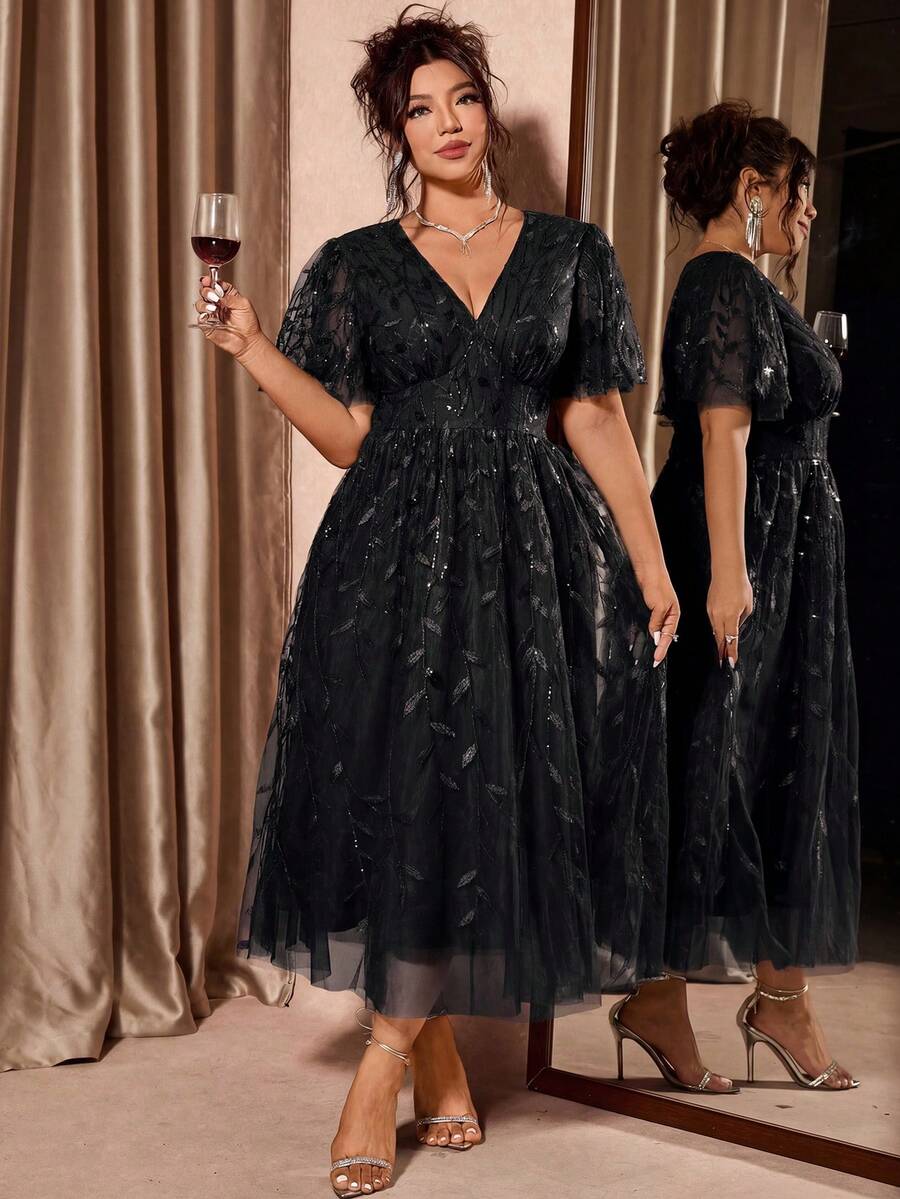 Plus Size V-Neck Mesh Midi Dress with Ruffle Hem – image 13