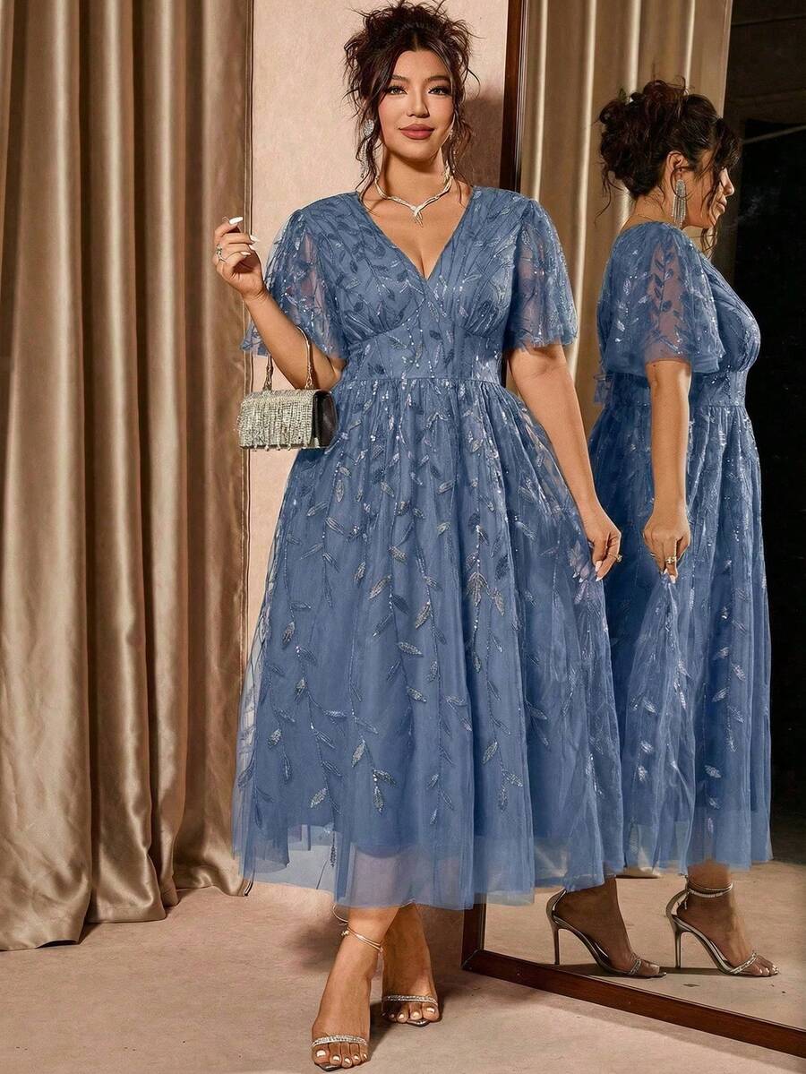 Plus Size V-Neck Mesh Midi Dress with Ruffle Hem – image 50