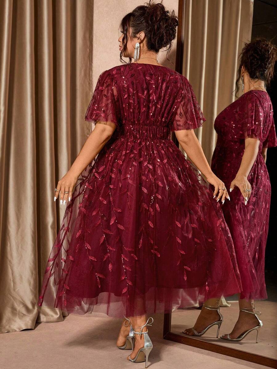 Plus Size V-Neck Mesh Midi Dress with Ruffle Hem – image 26