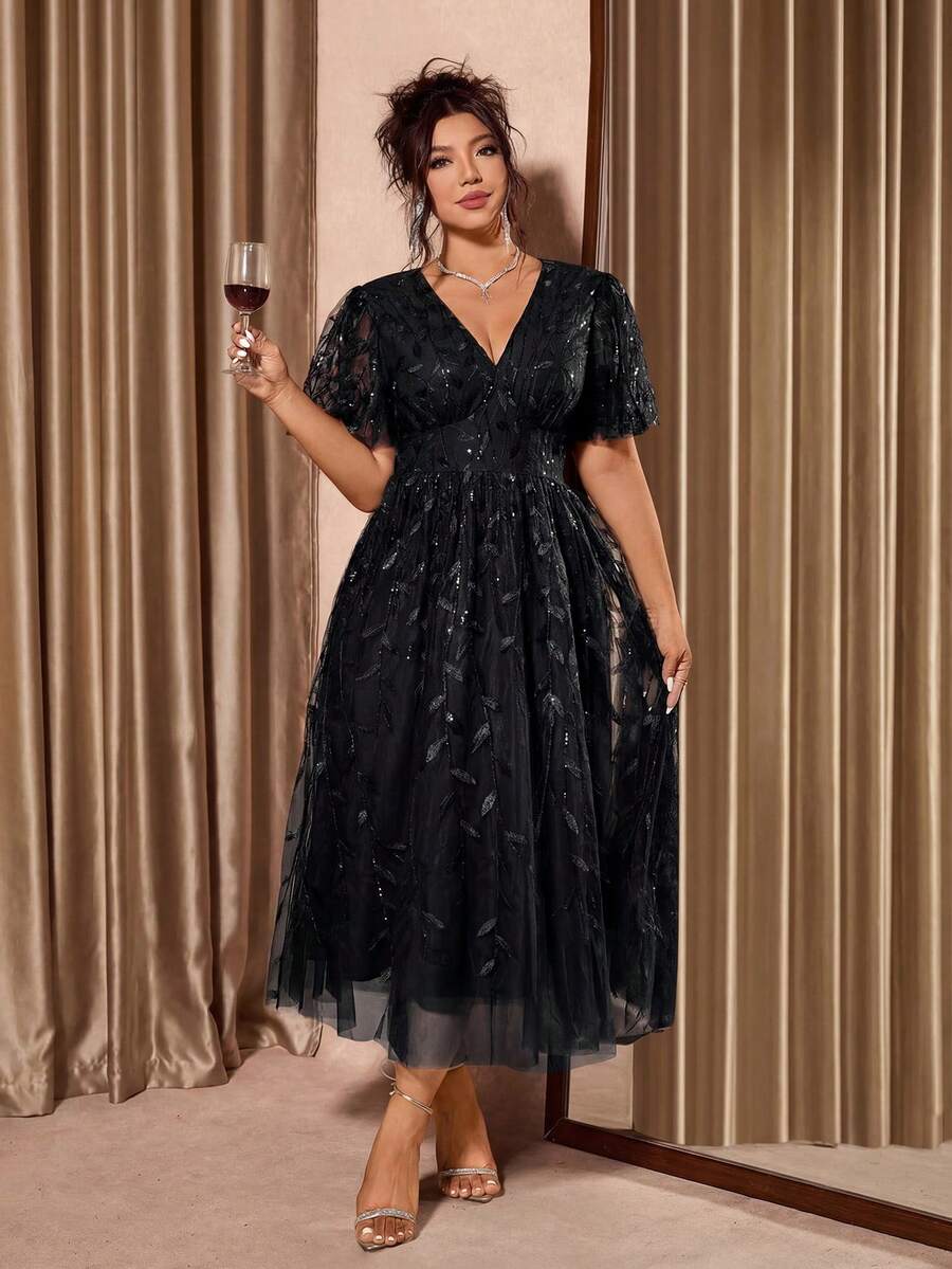 Plus Size V-Neck Mesh Midi Dress with Ruffle Hem – image 16