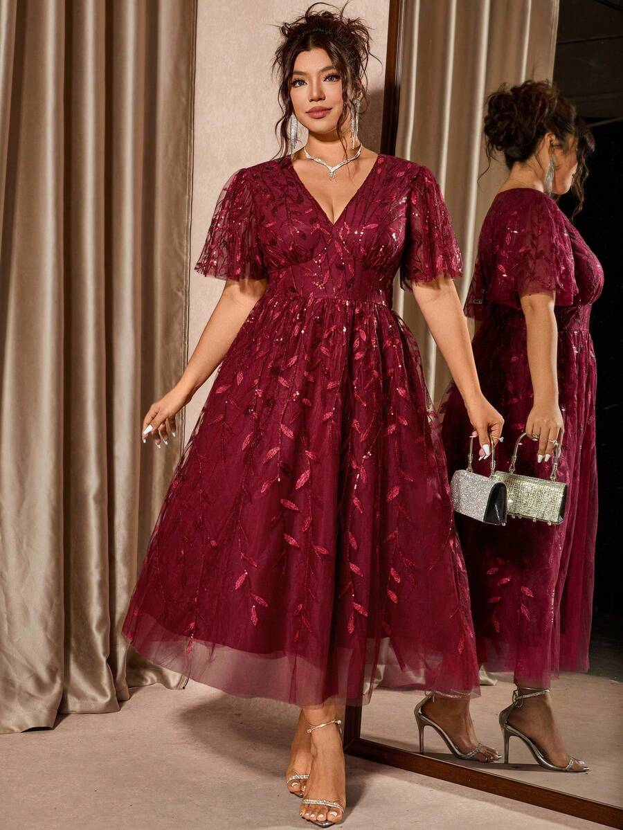 Plus Size V-Neck Mesh Midi Dress with Ruffle Hem – image 30