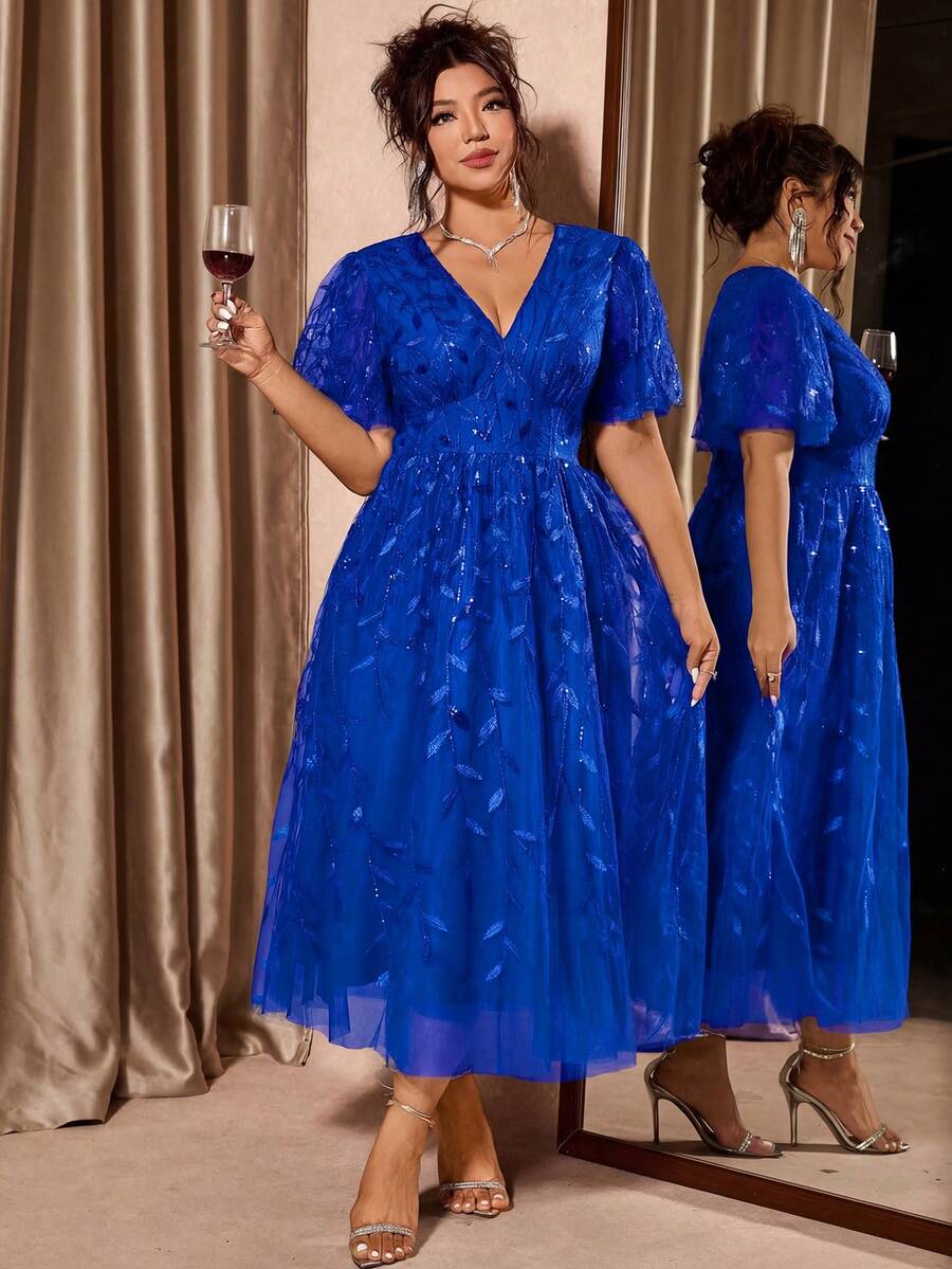 Plus Size V-Neck Mesh Midi Dress with Ruffle Hem – image 19