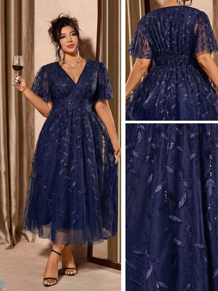 Plus Size V-Neck Mesh Midi Dress with Ruffle Hem – image 1