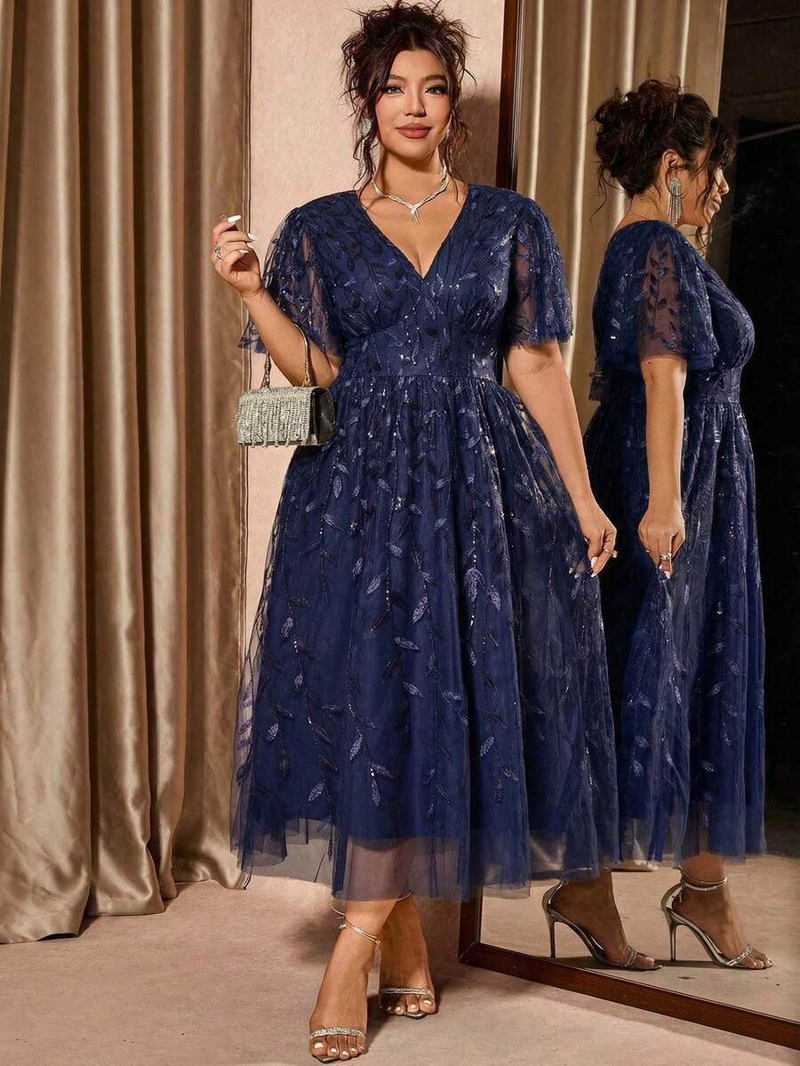 Plus Size V-Neck Mesh Midi Dress with Ruffle Hem – image 4