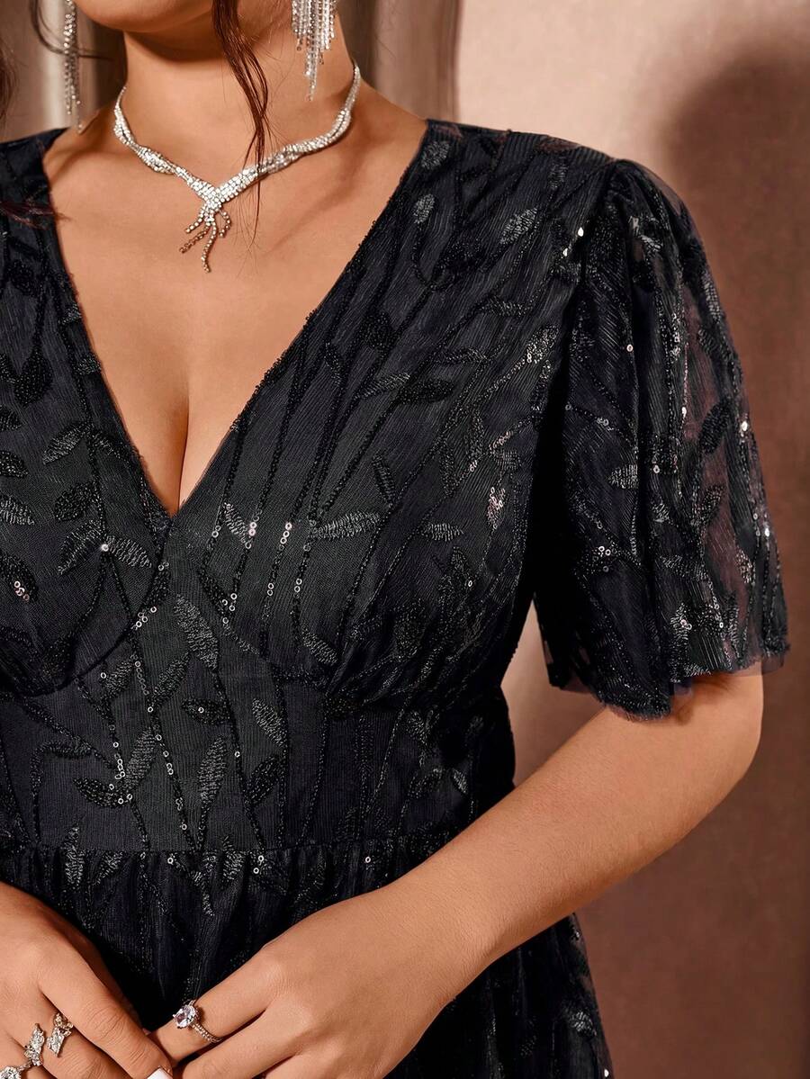 Plus Size V-Neck Mesh Midi Dress with Ruffle Hem – image 14