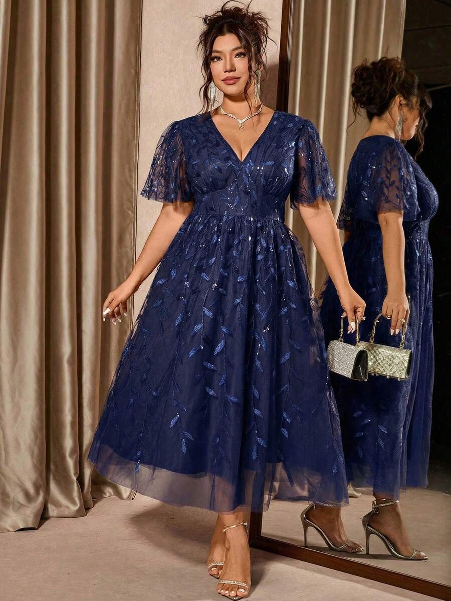 Plus Size V-Neck Mesh Midi Dress with Ruffle Hem – image 5