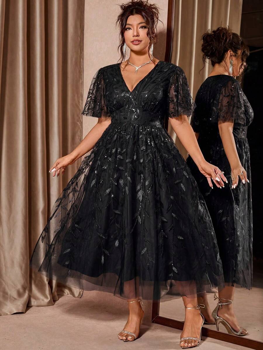 Plus Size V-Neck Mesh Midi Dress with Ruffle Hem – image 12
