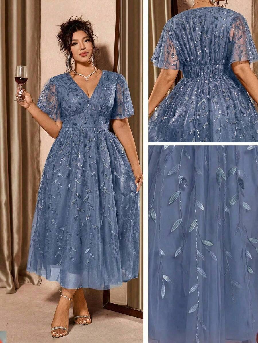 Plus Size V-Neck Mesh Midi Dress with Ruffle Hem – image 41