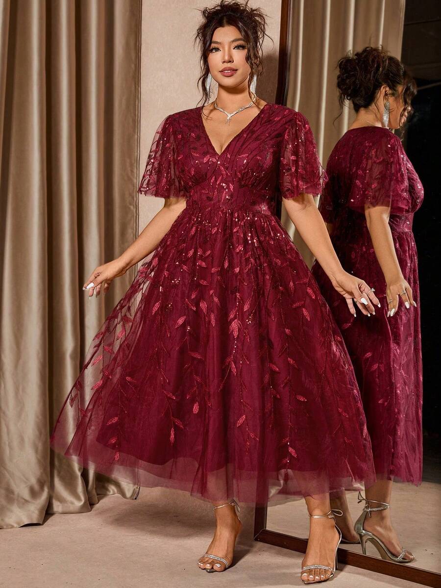 Plus Size V-Neck Mesh Midi Dress with Ruffle Hem – image 31