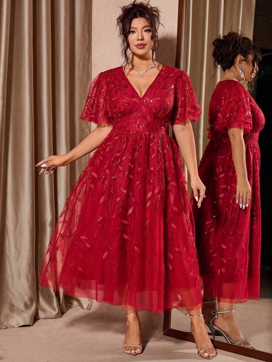 Plus Size V-Neck Mesh Midi Dress with Ruffle Hem – image 37