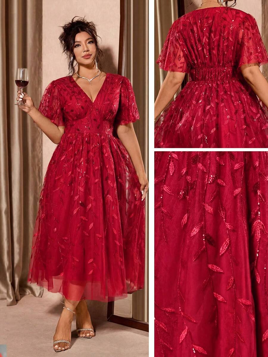 Plus Size V-Neck Mesh Midi Dress with Ruffle Hem – image 33