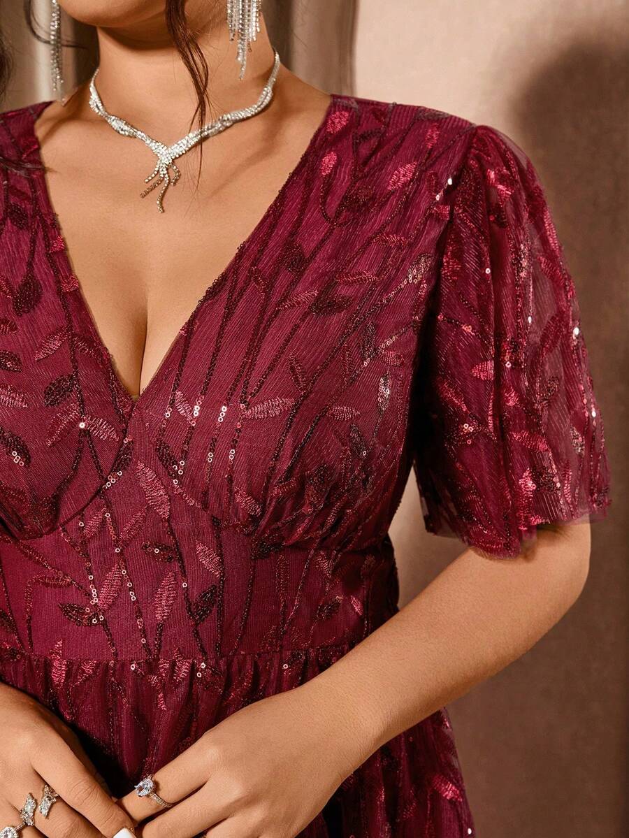 Plus Size V-Neck Mesh Midi Dress with Ruffle Hem – image 28