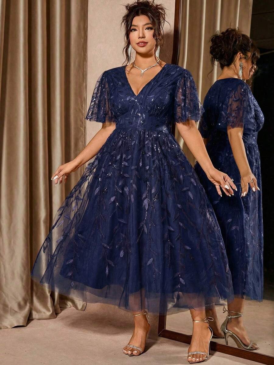 Plus Size V-Neck Mesh Midi Dress with Ruffle Hem – image 7