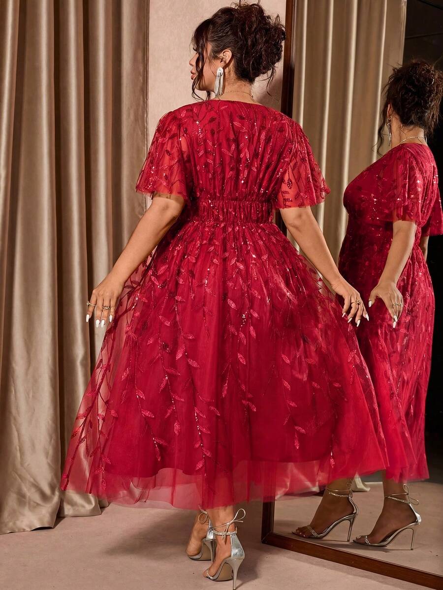 Plus Size V-Neck Mesh Midi Dress with Ruffle Hem – image 34