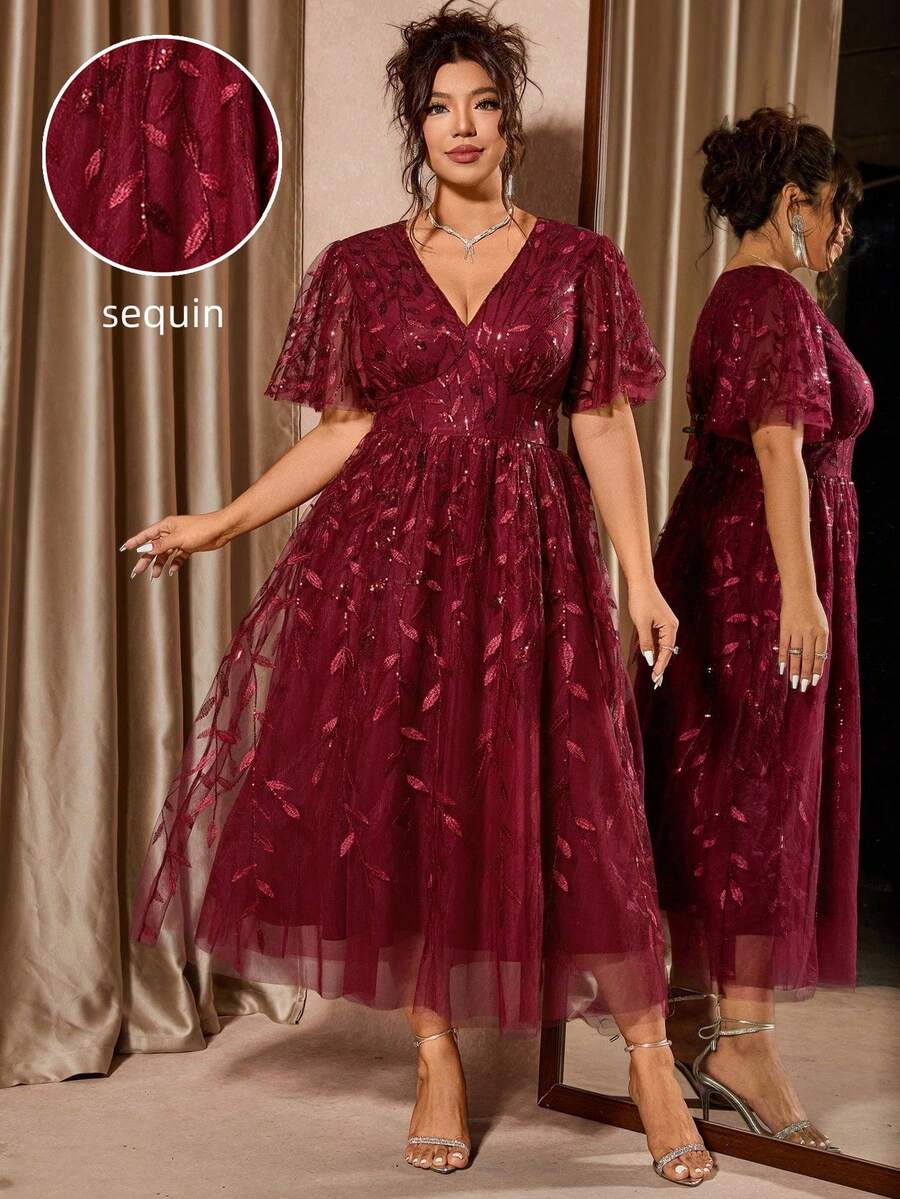 Plus Size V-Neck Mesh Midi Dress with Ruffle Hem – image 27